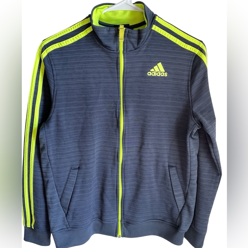 Adidas Boys Jacket Gray Neon Yellow Three Stripe Gray Yellow Large 14-16 GUC